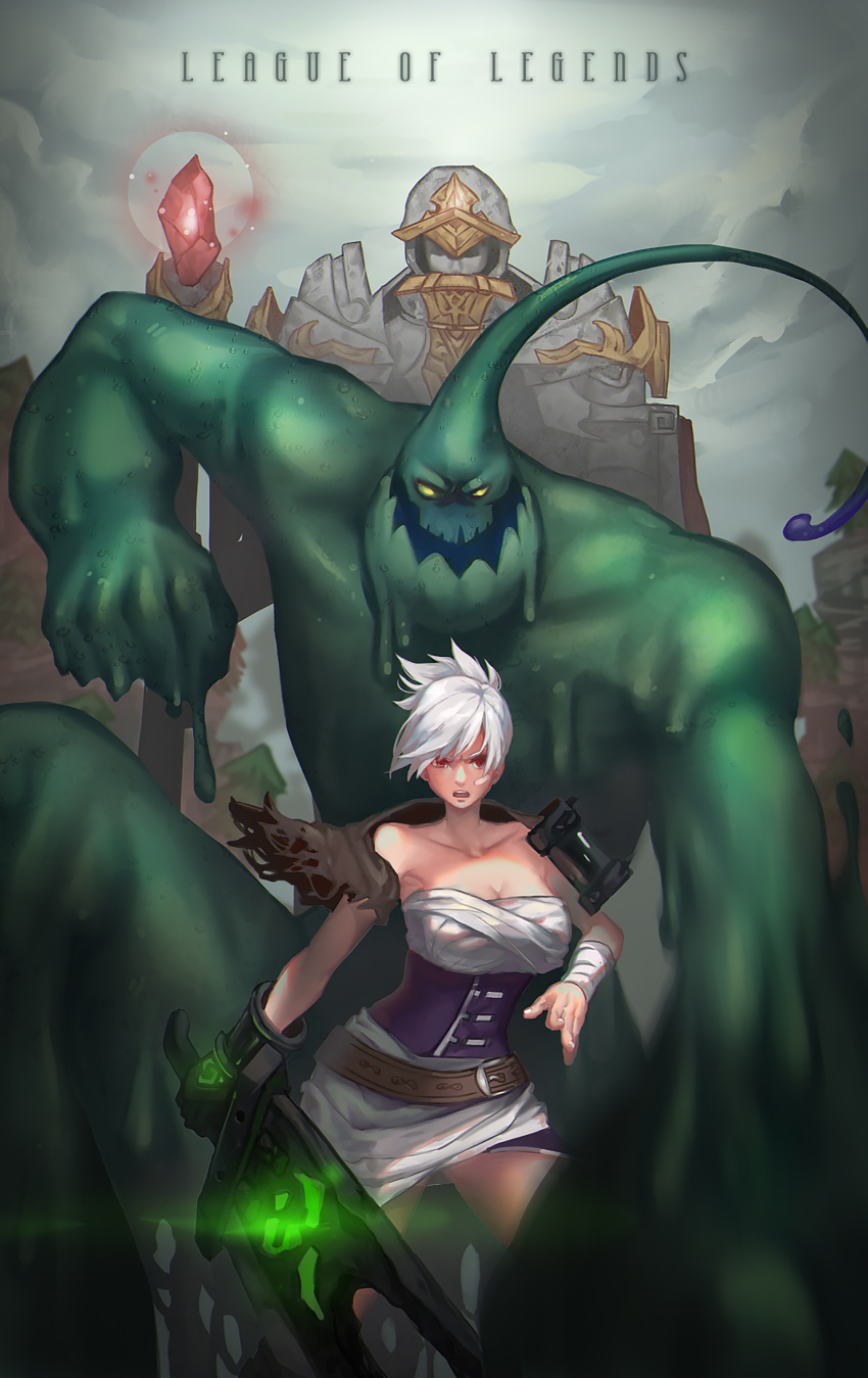 1girl absurdres bare_shoulders breasts cleavage glowing glowing_weapon goo_guy highres large_breasts league_of_legends lengyou looking_at_viewer monster_boy open_mouth red_eyes riven_(league_of_legends) silver_hair sword wrist_wraps zac