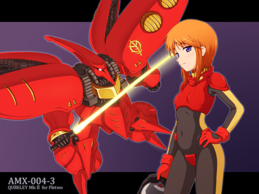 1girl bangs character_name clothed_navel energy_sword gundam gundam_zz hand_on_hip helmet holding mecha orange_hair pilot_suit puru_two qubeley qubeley_mk_ii short_hair sword violet_eyes weapon ymmryso_(mashita) zeon