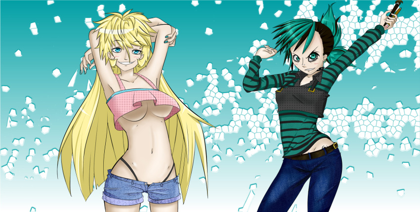 2girls blonde_hair blue_eyes breasts choker denim denim_shorts earring green_eyes jeans large_breasts long_hair midriff multicolored_hair multiple_girls pants piercing short_hair short_shorts shorts small_breasts smile striped_sweater