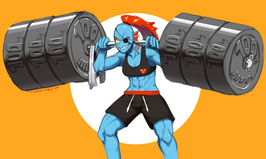 1girl abs barbell biceps blue_skin breasts cleavage eyepatch fins gills gym_shorts high_ponytail midriff monster_girl muscle navel redhead sharp_teeth shorts smile solo sports_bra taikodon teeth toned undertale undyne weightlifting weights