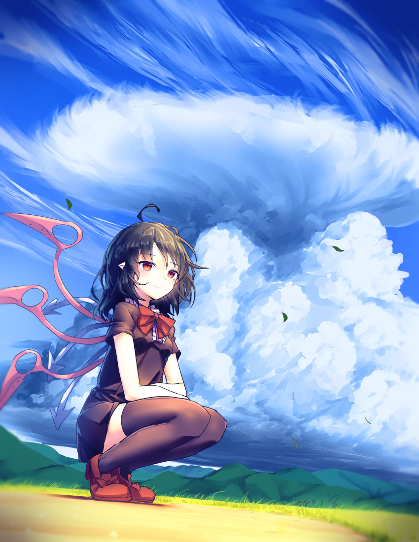 1girl absurdres ahoge asymmetrical_wings black_dress black_hair black_legwear blue_sky blue_wings bow bowtie breasts center_frills clouds commentary_request day dress eyebrows_visible_through_hair full_body grass highres hill houjuu_nue kisamu_(ksmz) leaf looking_at_viewer outdoors pointy_ears red_bow red_eyes red_footwear red_neckwear red_wings shadow shoe_bow shoes short_dress short_hair short_sleeves sky small_breasts smile solo squatting thigh-highs thighs touhou wings zettai_ryouiki