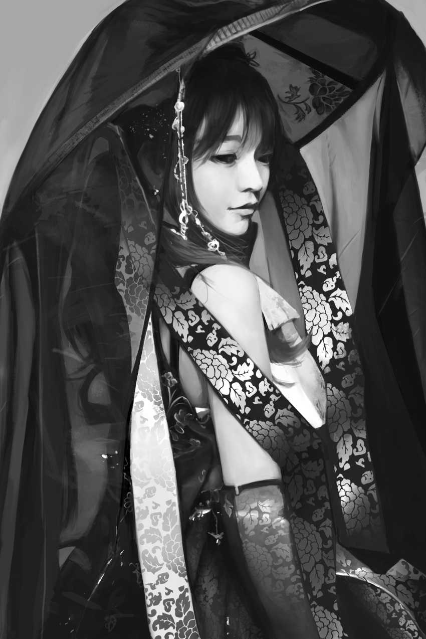 1girl absurdres from_side greyscale hanbok hat highres korean_clothes leaf_print monochrome original realistic solo tom23579