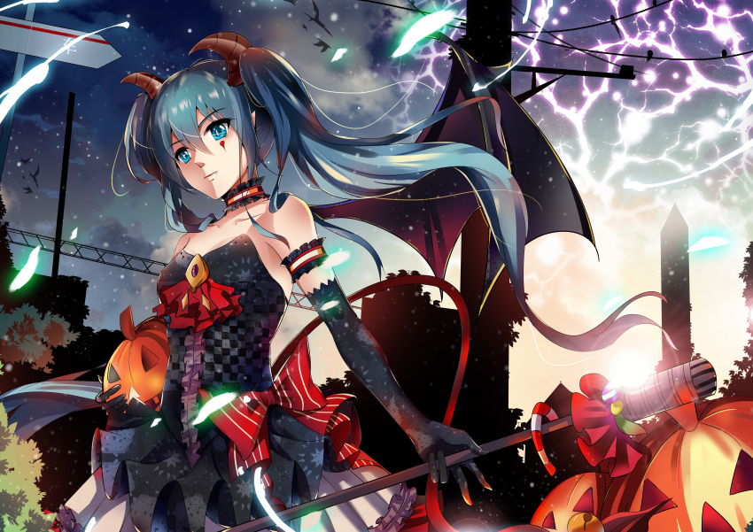 1girl absurdres choker demon_wings dress elbow_gloves fang fang_out gloves halloween hatsune_miku highres horns jack-o'-lantern long_hair microphone microphone_stand night power_lines solo tail twintails vocaloid wings