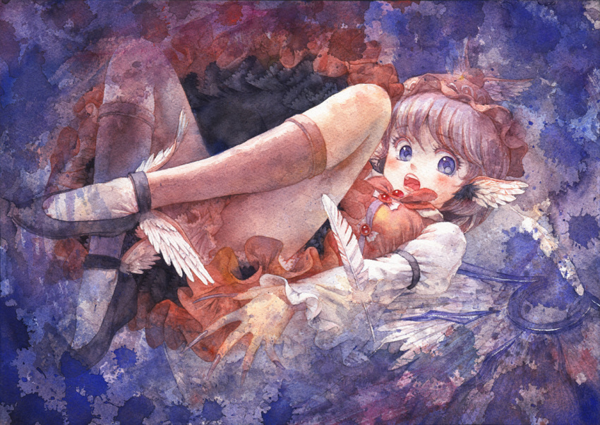 1girl animal_ears blue_eyes blush dress fingernails foot_wings hat looking_at_viewer misawa_hiroshi mystia_lorelei open_mouth pink_hair sharp_fingernails short_hair solo touhou traditional_media very_long_fingernails watercolor_(medium) wings