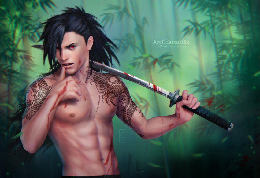 1boy bamboo blood dark_hair katana long_hair naruto outdoors red_eyes samurai solo sword tattoo uchiha_madara zetsuai89