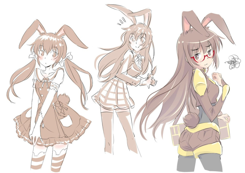 1girl alternate_costume alternate_hairstyle animal_ears brown_hair bunny_girl bunny_tail camera character_sheet dress female glasses iesupa partially_colored rabbit_ears rwby skirt solo tail thigh-highs twintails velvet_scarlatina white_background