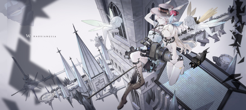 4girls blonde_hair blue_eyes boots building choker dress elf faceless faceless_female fairy fairy_wings fantasy flower hand_on_headwear hat hat_flower highres long_hair looking_up multiple_girls muted_color nude original pale_skin pointy_ears rooftop thigh-highs wings zeixique