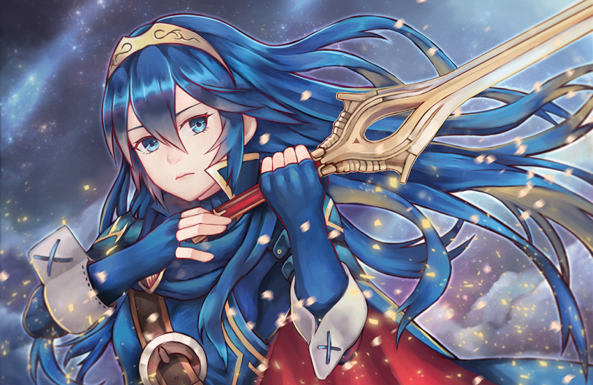 1girl blue_eyes blue_hair blue_scarf blue_shirt cape chrone closed_mouth commentary facing_viewer falchion_(fire_emblem) fingerless_gloves fire_emblem fire_emblem:_kakusei gloves hair_between_eyes holding holding_sword holding_weapon lucina scarf shirt strap sword tiara upper_body weapon