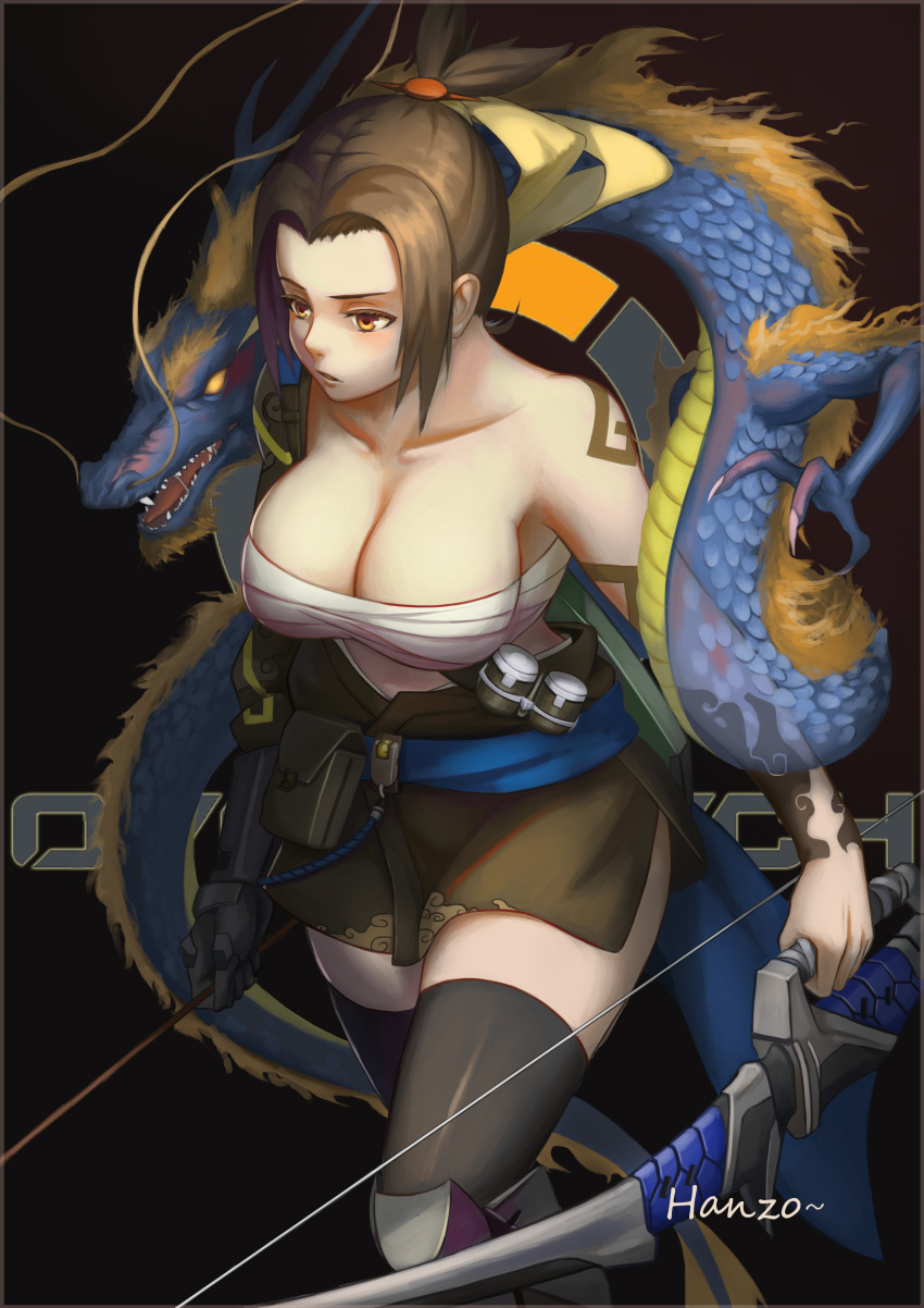 1girl absurdres arm_tattoo armor armored_boots asymmetrical_clothes bandage bandolier bangs bare_shoulders belt belt_pouch black_legwear boots bow_(weapon) breasts brown_eyes brown_hair character_name cleavage collarbone copyright_name cowboy_shot dragon dragon_tattoo eastern_dragon emblem explosive female genderswap genderswap_(mtf) greaves grenade grey_boots gy_(l964625780) hair_ornament hair_ribbon hair_tie hanzo_(overwatch) highres holding holding_weapon japanese_clothes knee_boots knee_pads large_breasts logo mechanical_arm overwatch parted_lips ponytail ribbon sarashi sash short_hair short_ponytail sidelocks solo tattoo thigh-highs walking weapon yellow_ribbon