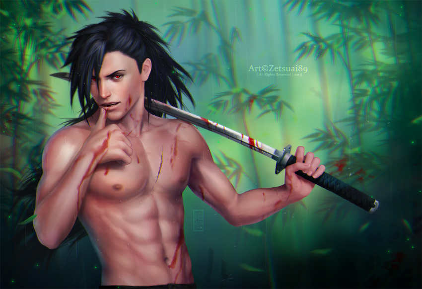 1boy bamboo blood dark_hair katana long_hair naruto outdoors red_eyes samurai solo sword uchiha_madara zetsuai89