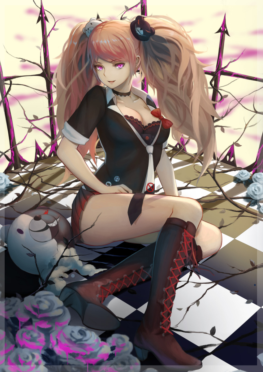 1girl absurdres arm_at_side arm_support bangs bear_hair_ornament black_bra black_choker boots bow bra breasts brown_boots checkered checkered_floor choker cleavage collarbone cross-laced_footwear dangan_ronpa dangan_ronpa_1 enoshima_junko eyebrows eyebrows_visible_through_hair eyelashes flower full_body gy_(l964625780) hair_ornament hand_on_lap high_heel_boots high_heels highres lace-up_boots long_hair looking_at_viewer loose_necktie medium_breasts monokuma necktie open_mouth petals pink_hair pink_lips pleated_skirt railing red_bow red_skirt rose short_sleeves sitting skirt sleeves_rolled_up smile solo stuffed_animal stuffed_toy teddy_bear teeth tree_branch twintails underwear violet_eyes white_necktie