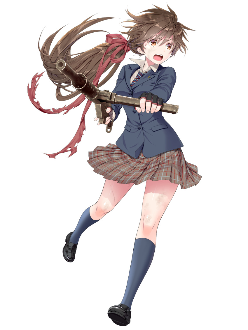 1girl blazer brown_eyes brown_hair dmm fingerless_gloves foreshortening gloves gun hair_ribbon highres houriigurei jacket lapel_pin loafers long_hair looking_to_the_side open_mouth plaid plaid_skirt ribbon running school_uniform shoes shooting_girl simple_background skirt solo sten_(weapon) submachine_gun sweat weapon white_background