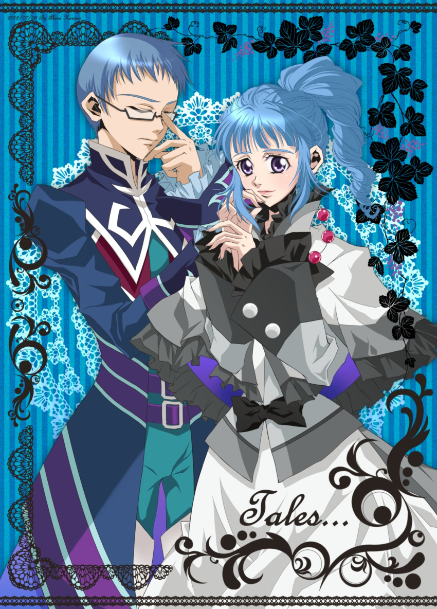 1girl ange_serena belt blue_background blue_hair bodysuit boots capelet closed_eyes coat dress frills glasses hubert_ozwell jewelry lips long_hair necklace ponytail ribbon short_hair tales_of_(series) tales_of_graces tales_of_innocence violet_eyes