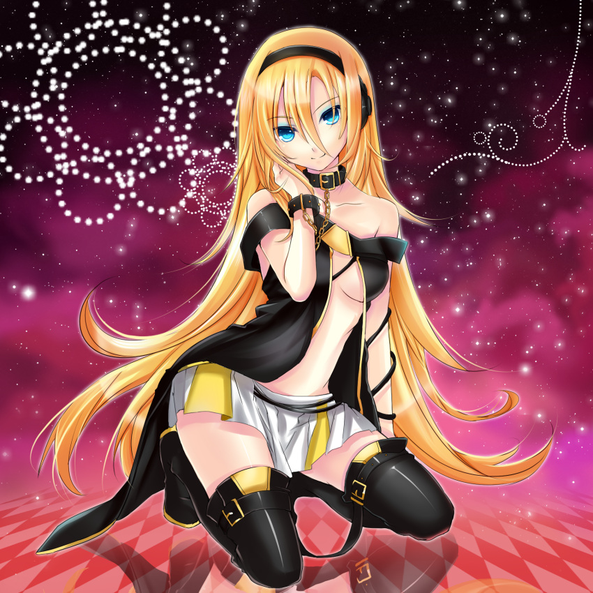 1girl argyle black_boots blonde_hair blue_eyes boots breasts collarbone felicia-val hair_between_eyes hand_in_hair headphones highres kneeling lily_(vocaloid) long_hair looking_at_viewer medium_breasts pleated_skirt skirt smile solo thigh-highs thigh_boots vocaloid white_skirt