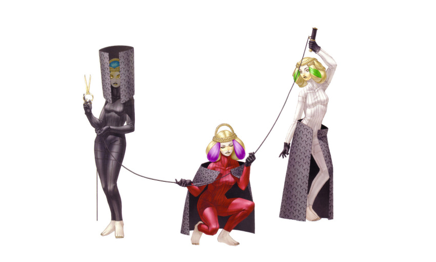 3girls blonde_hair feet lips looking_at_viewer multiple_girls official_art scissors shin_megami_tensei shin_megami_tensei_iii:_nocturne siblings sisters wide_hips yellow_eyes