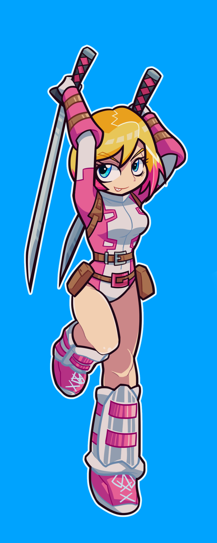 1girl absurdres awabuta belt blonde_hair blue_background blue_eyes boots dual_wielding full_body gwen_poole gwenpool highres katana leotard marvel multicolored_hair pink_hair pouch smile solo superhero sword two-tone_hair weapon
