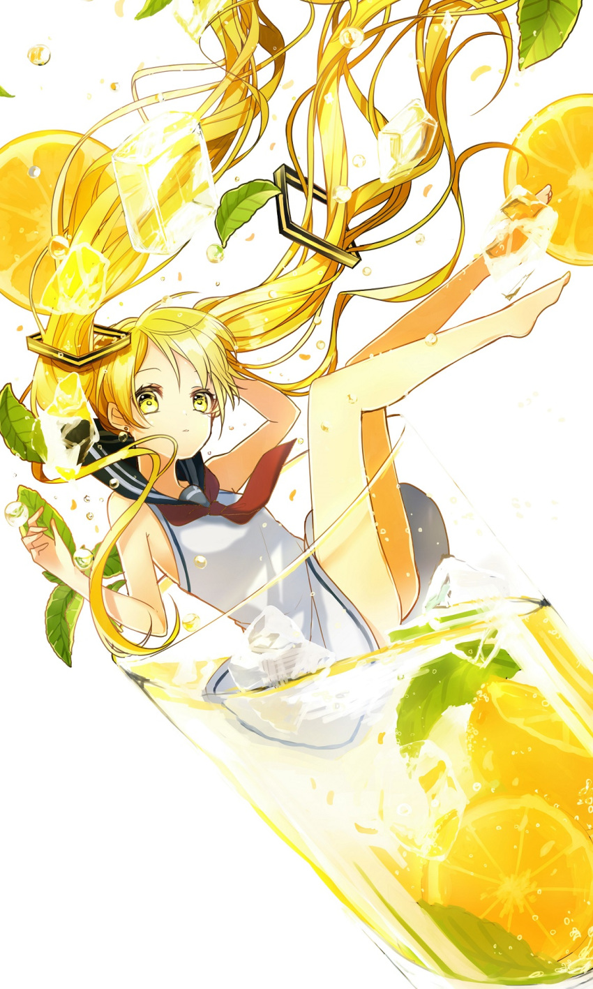 1girl barefoot blonde_hair cup dress falling floating_hair food fruit hatsune_miku highres ice ice_cube in_container in_cup leaf long_hair minigirl sailor_dress sogawa66 solo twintails very_long_hair vocaloid white_background yellow_eyes