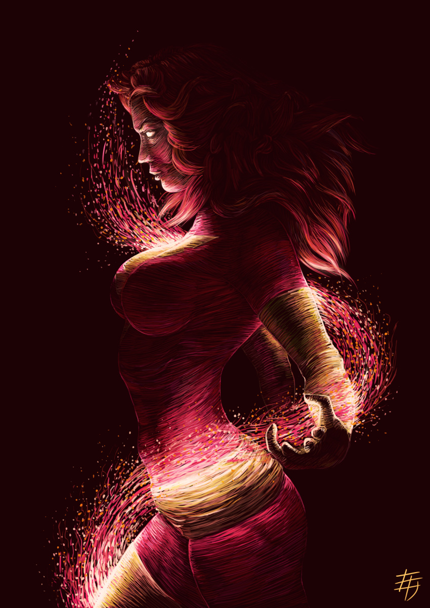 1girl absurdres bodysuit breasts danel_yessaliyeva dark dark_phoenix from_side highres impossible_bodysuit impossible_clothes jean_grey large_breasts long_hair marvel redhead signature solo x-men