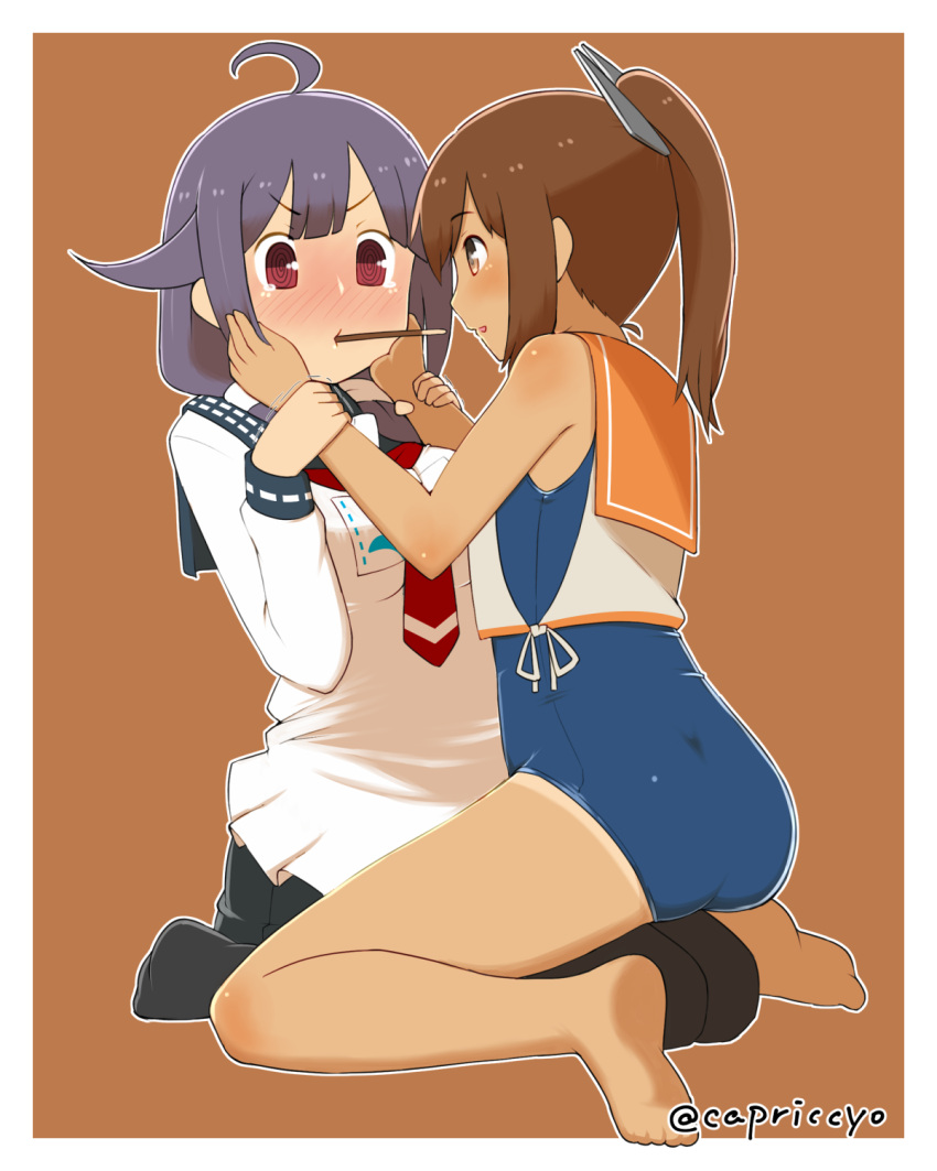 2girls @_@ ahoge apron barefoot black_legwear blush brown_eyes brown_hair capriccyo dress eye_contact female food full_body hair_flaps hands_on_another's_cheeks hands_on_another's_face highres i-401_(kantai_collection) incipient_kiss kantai_collection long_hair looking_at_another low_twintails multiple_girls one-piece_swimsuit one-piece_tan pantyhose pocky pocky_kiss ponytail purple_hair red_eyes sailor_collar school_swimsuit school_uniform seiza serafuku shared_food short_hair short_ponytail sitting sitting_on_person smile swimsuit swimsuit_under_clothes taigei_(kantai_collection) tan tanline tears trembling twintails uniform wariza yuri