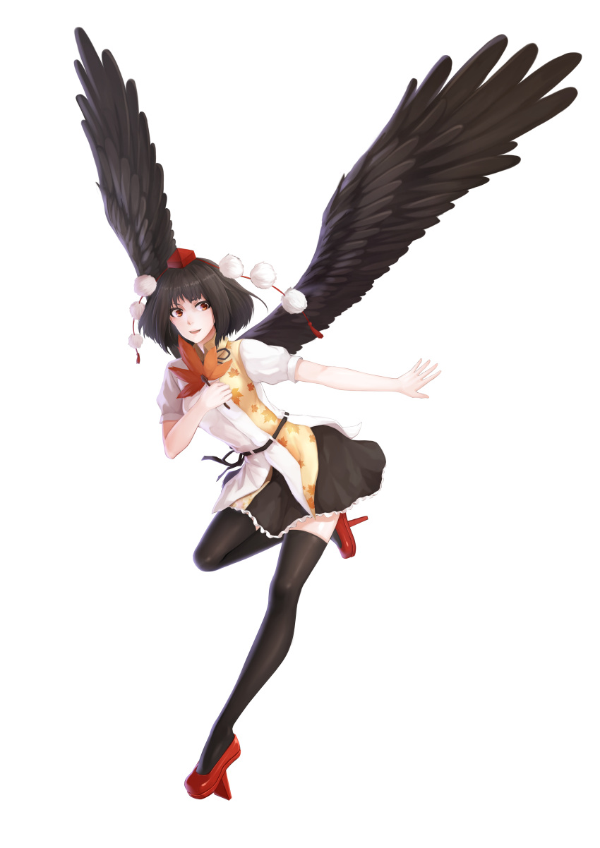 1girl absurdres bangs belt bird_wings black_hair black_legwear black_ribbon black_skirt black_wings brown_eyes brown_hair collared_shirt dress_shirt feathered_wings frilled_skirt frills fuuko_chan geta hat hat_ribbon hauchiwa highres leaf leaf_fan leg_up maple_leaf maple_leaf_print miniskirt neck_ribbon nose open_mouth pink_lips pom_pom_(clothes) puffy_short_sleeves puffy_sleeves red_eyes red_shoes ribbon shameimaru_aya shirt shoes short_hair short_sleeves simple_background skirt smile solo spread_wings standing standing_on_one_leg teeth tengu-geta thigh-highs tokin_hat touhou transparent_background white_shirt wing_collar wings