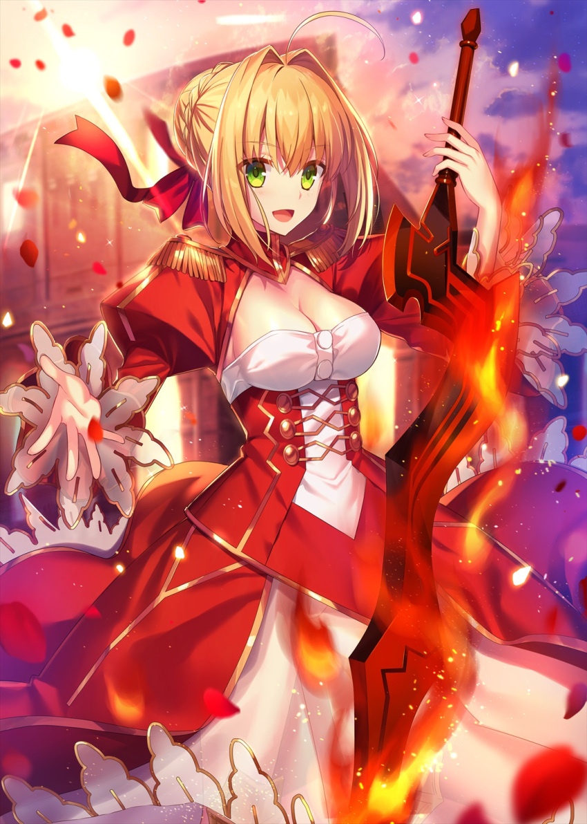 1girl :d aestus_estus bangs blurry blush braid breasts depth_of_field dress epaulettes eyebrows_visible_through_hair fate/extra fate_(series) fire french_braid fuyuki_(neigedhiver) hair_bun hair_intakes hair_ribbon highres holding holding_sword holding_weapon juliet_sleeves long_sleeves looking_at_viewer medium_breasts nero_claudius_(fate) nero_claudius_(fate)_(all) open_mouth outstretched_hand petals puffy_sleeves red_dress ribbon sidelocks smile solo sword weapon