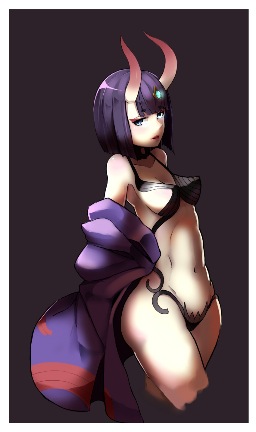 1girl absurdres blue_eyes border breasts cropped_legs eyebrows eyebrows_visible_through_hair eyeliner fate/grand_order fate_(series) gem head_tilt highres kion-kun looking_at_viewer makeup medium_breasts navel off_shoulder oni oni_horns parted_lips shuten_douji_(fate/grand_order) solo