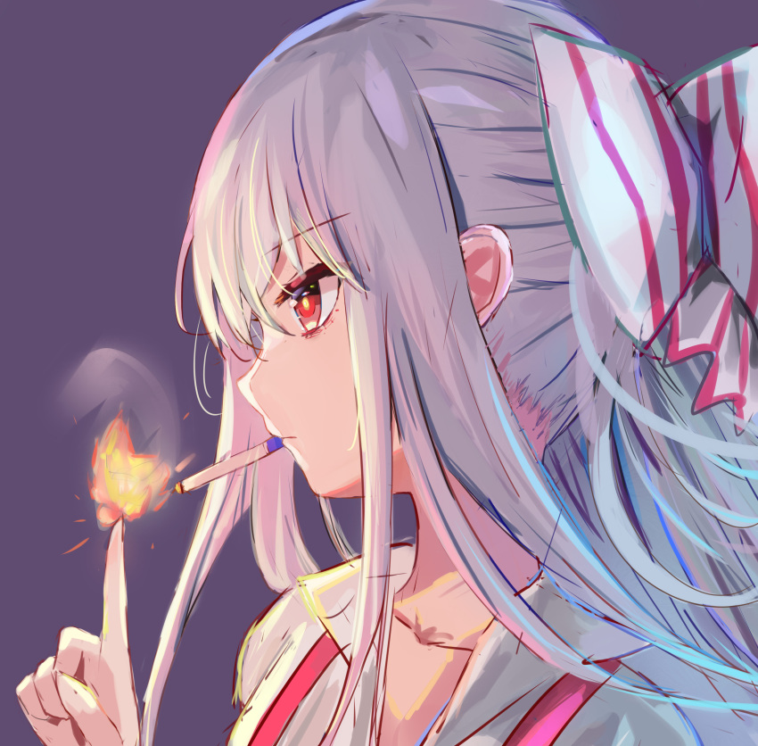 1girl absurdres bangs bow cigarette closed_mouth collar collarbone collared_shirt eyebrows_visible_through_hair fire fujiwara_no_mokou grey_hair hair_between_eyes hair_bow hand_up highres light long_hair looking_to_the_side lshiki multicolored_bow pointing purple_background red_bow red_eyes shadow shirt short_sleeves simple_background smoking solo striped striped_bow touhou upper_body white_bow white_shirt