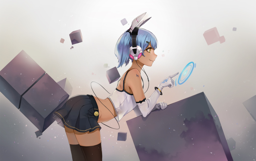 1girl aliceblue arched_back belt bent_over black_legwear blue_hair bracelet crop_top cube elbow_gloves fang_out from_side gloves headphones highres jewelry miniskirt original pleated_skirt profile robot_ears short_twintails skirt smile solo tank_top tattoo thigh-highs twintails yellow_eyes zettai_ryouiki
