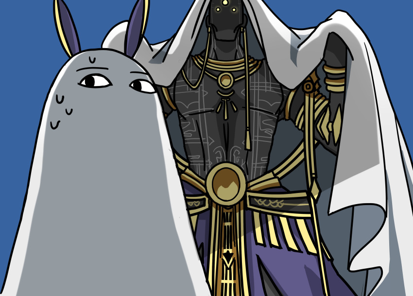 1boy 1girl absurdres animal_ears bald blue_background commentary_request cosplay darius_iii_(fate/grand_order) dark_skin dark_skinned_male fate/grand_order fate_(series) glowing glowing_eyes highres looking_at_another medjed medjed_(cosplay) nitocris_(fate/grand_order) nitocris_(swimsuit_assassin)_(fate) shadow tattoo yellow_eyes yuuma_(u-ma)