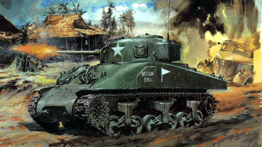 50s 60s america box_art building damaged fire firing ground_vehicle m4_sherman military military_vehicle model_kit motor_vehicle oldschool palm_tree real_life realistic smoke takani_yoshiyuki tank town traditional_media tree truck world_war_ii wreckage