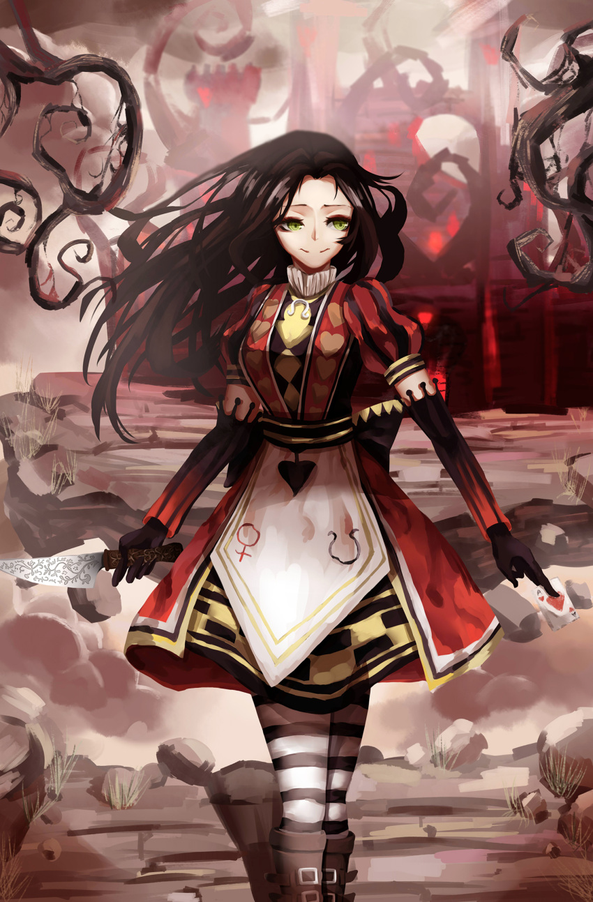 1girl alice:_madness_returns alice_in_wonderland american_mcgee's_alice black_hair boots card castle dress green_eyes knife long_hair muye playing_card red_dress smile striped_legwear thigh-highs