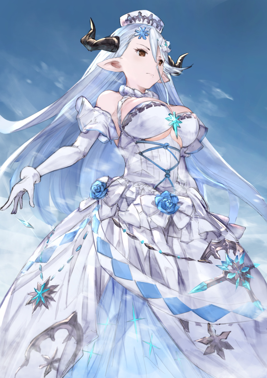 1girl absurdres blue_hair blue_rose blue_sky breasts brown_hair day doraf dress flower gloves granblue_fantasy hair_between_eyes hair_flower hair_ornament hat highres horns izmir large_breasts long_hair mole mole_under_mouth outdoors outstretched_arms pointy_ears rose serious silver_hair sky solo under_boob white_dress white_gloves white_hat yashigaras