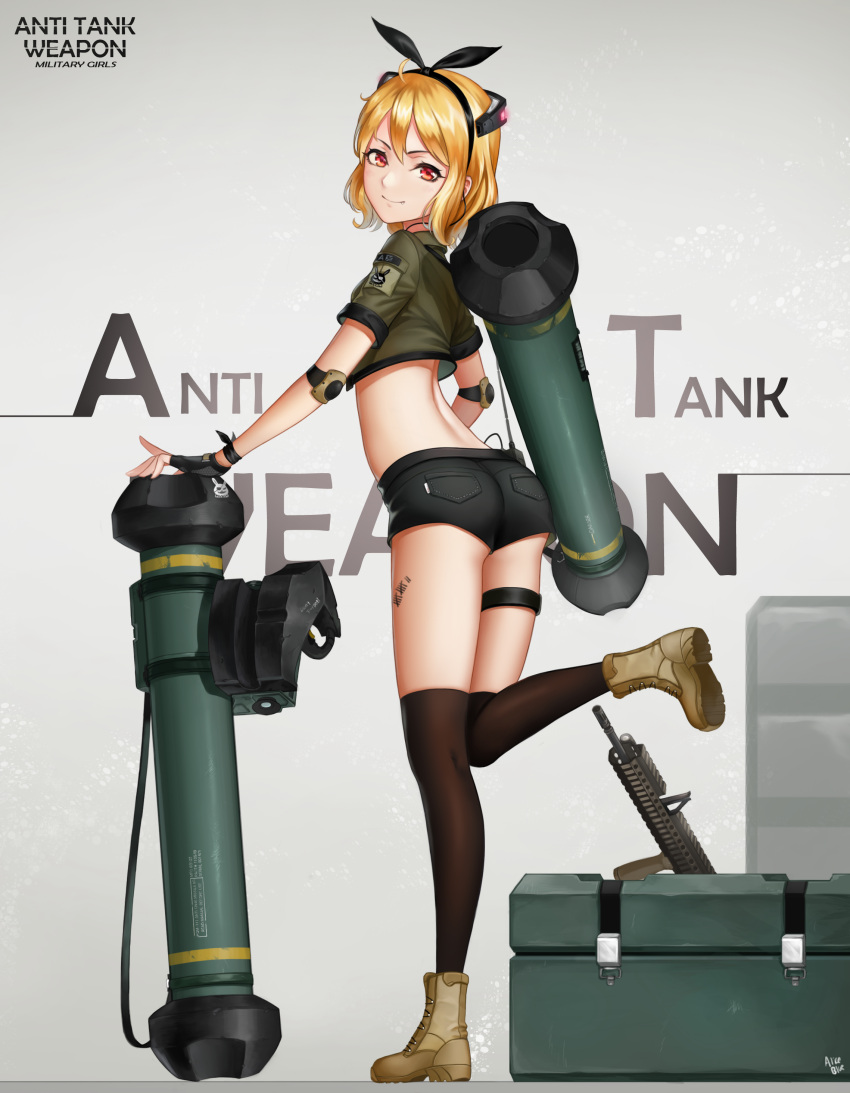 1girl absurdres aliceblue blonde_hair body_writing boots crop_top elbow_pads fang_out fingerless_gloves garter_straps gloves hairband headgear highres looking_at_viewer looking_back midriff military original red_eyes short_hair short_shorts shorts smile standing standing_on_one_leg thigh-highs