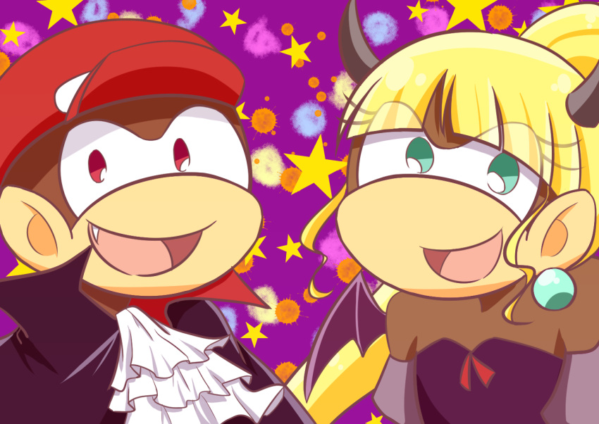 1boy 1girl blonde_hair costume diddy_kong dixie_kong donkey_kong_(series) fangs halloween happy hat horns jewelry long_hair nintendo suit wings