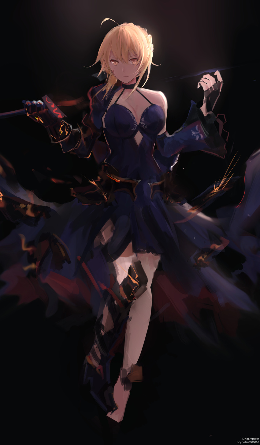 1girl absurdres ahoge annnna bare_shoulders black_dress breasts cleavage dark_excalibur dress fate/grand_order fate/stay_night fate_(series) fingerless_gloves gauntlets gloves highres holding holding_sword holding_weapon looking_at_viewer saber saber_alter solo sword thigh-highs weapon white_legwear yellow_eyes