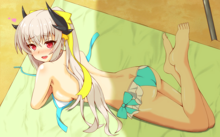 1girl ass beach beach_towel bikini bikini_top_removed blue_bikini blush breasts fate/grand_order fate_(series) feet_up hair_ribbon heart highres horns kiyohime_(fate/grand_order) kiyohime_(swimsuit_lancer)_(fate) long_hair looking_at_viewer looking_back lying on_stomach open_mouth ouka753 ponytail red_eyes ribbon sideboob silver_hair solo swimsuit towel