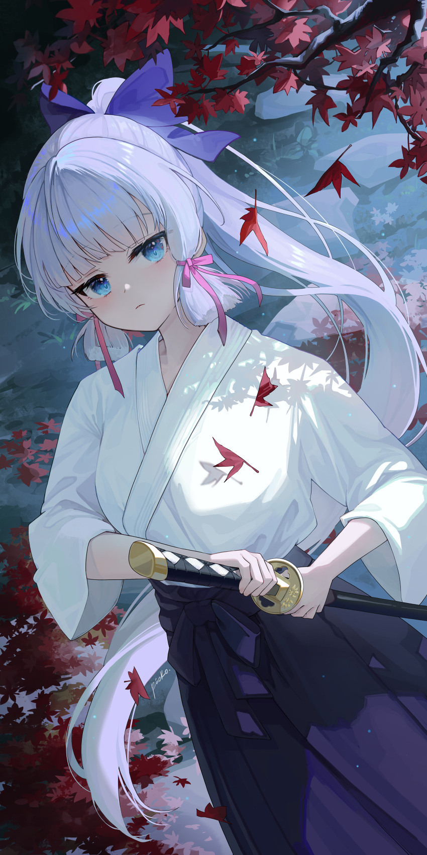1girl absurdres artist_name autumn_leaves blue_bow blue_eyes blue_hair blue_skirt blunt_tresses bow closed_mouth commentary_request cowboy_shot dutch_angle falling_leaves genshin_impact hair_bow hair_ribbon highres holding holding_sword holding_weapon japanese_clothes kamisato_ayaka kimono leaf light_blue_hair long_hair looking_at_viewer outdoors pistachiocream ponytail ribbon sheath sheathed skirt sleeves_past_elbows solo sword tree tress_ribbon very_long_hair weapon white_kimono