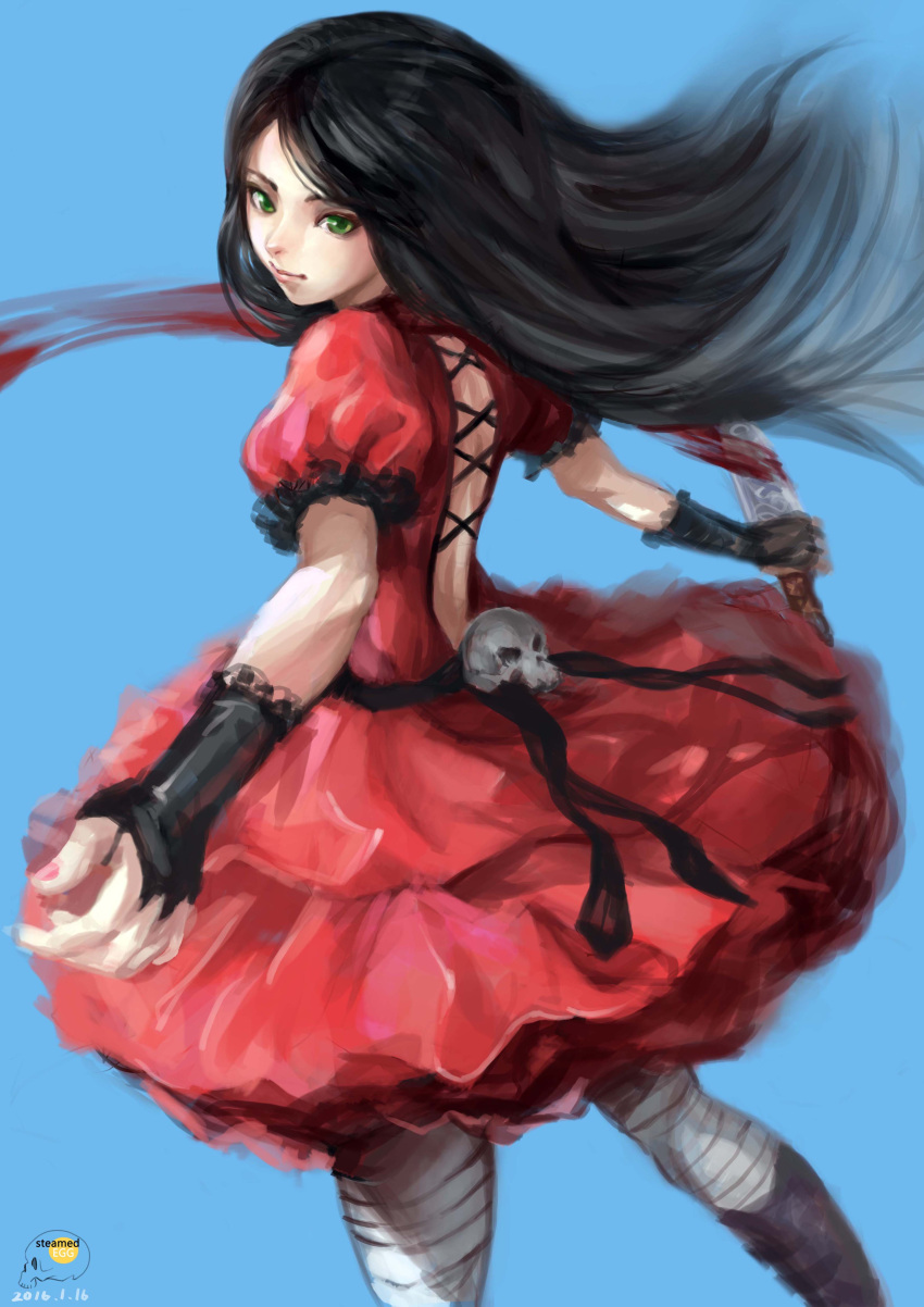 1girl alice:_madness_returns alice_in_wonderland american_mcgee's_alice black_hair boots bridal_gauntlets dress green_eyes knife long_hair red_dress skull solo steamed_egg striped_legwear thigh-highs