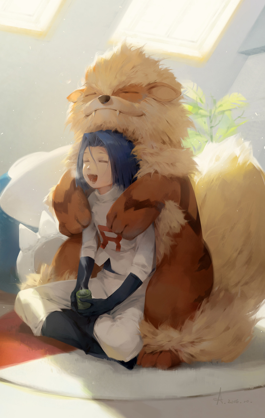 1boy =_= a-shacho arcanine backlighting bangs black_boots black_gloves blue_hair boots breath closed_mouth clothes_writing cup fang_out fangs gloves green_tea hair_between_eyes hair_intakes happy highres hug hug_from_behind indian_style indoors kojirou_(pokemon) light_particles long_sleeves open_mouth pants parted_bangs plant pokemon pokemon_(anime) pokemon_(creature) rug shade sitting smile snorlax steam tea team_rocket turtleneck undershirt uniform white_pants yunomi