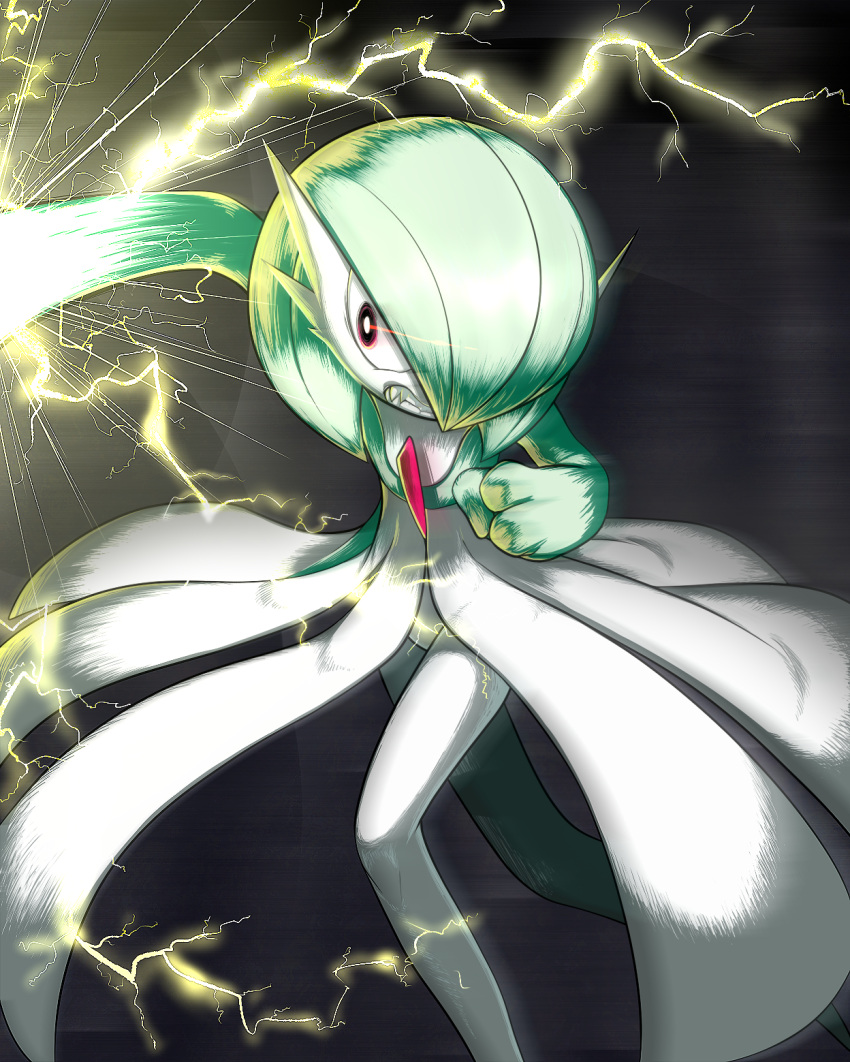 angry clenched_teeth electricity fist gardevoir green_hair hair_over_one_eye lotosu nintendo no_humans pokemon pokemon_(game) punching red_eyes short_hair solo teeth