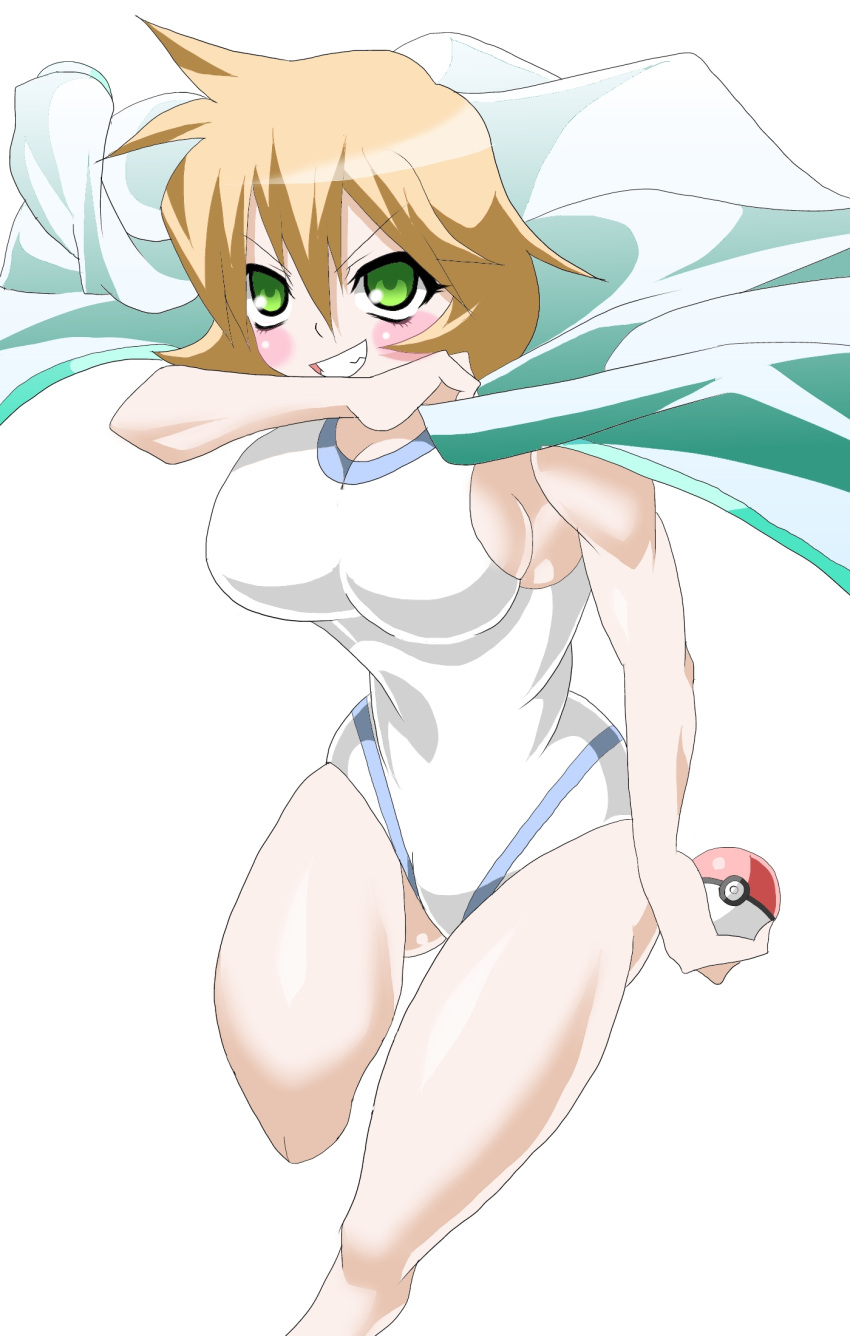 1girl breasts female gym_leader kasumi_(pokemon) nintendo nipples ohako one-piece_swimsuit poke_ball pokemon smile swimsuit