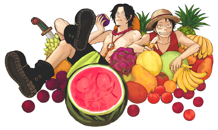 2boys apple banana boots brothers eating food fruit hat jewelry male_focus melon monkey_d_luffy multiple_boys necklace one_piece papaya persimmon pineapple plum portgas_d_ace red_vest siblings stampede_string straw_hat topless vest watermelon