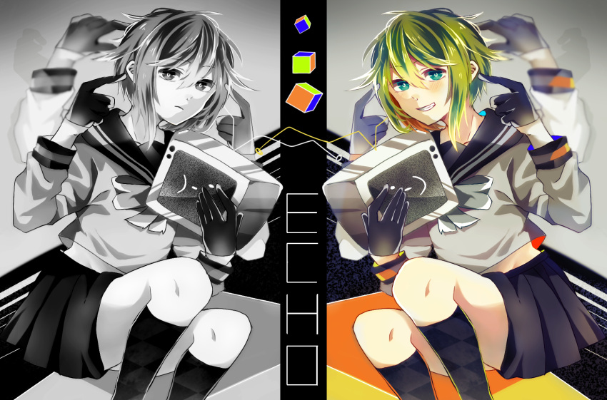 1girl artist_request blush frown green_eyes green_hair gumi school_uniform short_hair skirt smile solo television vocaloid