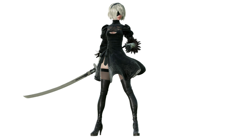 1girl 3d absurdres black_dress blindfold boots breasts cleavage cleavage_cutout dress full_body hairband high_heel_boots high_heels highres nier nier_automata official_art puffy_sleeves silver_hair square_enix thigh-highs thigh_boots yorha_no.2_type_b