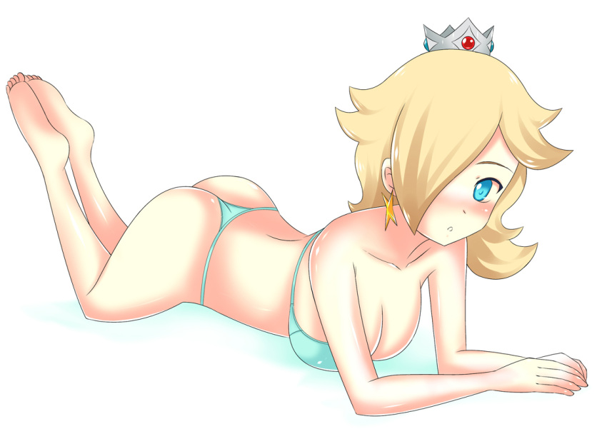 1girl artist_request barefoot bikini blonde_hair blue_eyes breasts cleavage earrings jewelry looking_at_viewer lying on_stomach rosetta_(mario) solo super_mario_bros. swimsuit