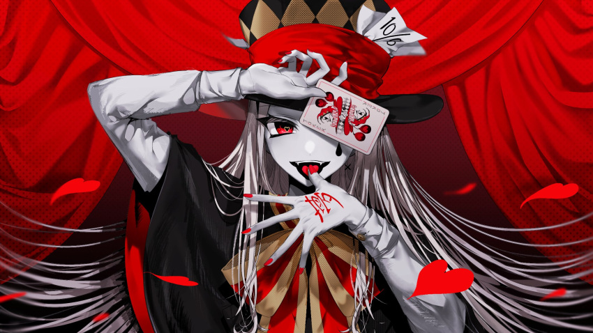 1girl :irai bow card envy_baby_(vocaloid) fangs hat heart heart_in_eye highres holding holding_card long_hair looking_at_viewer mu_yume original playing_card poncho red_bow red_curtains red_eyes red_nails red_theme smile solo striped striped_bow symbol_in_eye tongue tongue_out top_hat utaite_(singer)
