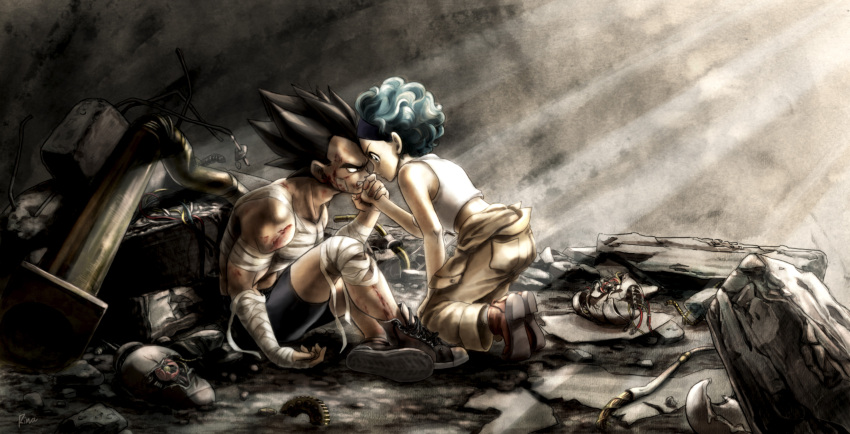 1boy 1girl angry aqua_hair bandage bandage_on_face bandaged_arm bandaged_leg black_hair blood blood_on_face broken bulma clenched_teeth cuts dragon_ball dragonball_z eye_contact gears hairband head_to_head highres holding_hand injury jumpsuit light_rays looking_at_another no_shirt robot rubble shirt shorts signature spiky_hair sunlight tank_top teeth tied_shirt uirina vegeta wire