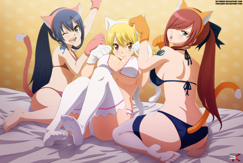 3girls barefoot bikini blonde_hair blue_hair breasts cat_ears cat_tail erza_scarlet fairy_tail feet large_breasts lucy_heartfilia multiple_girls no_shoes redhead smile swimsuit tail toes wendy_marvell