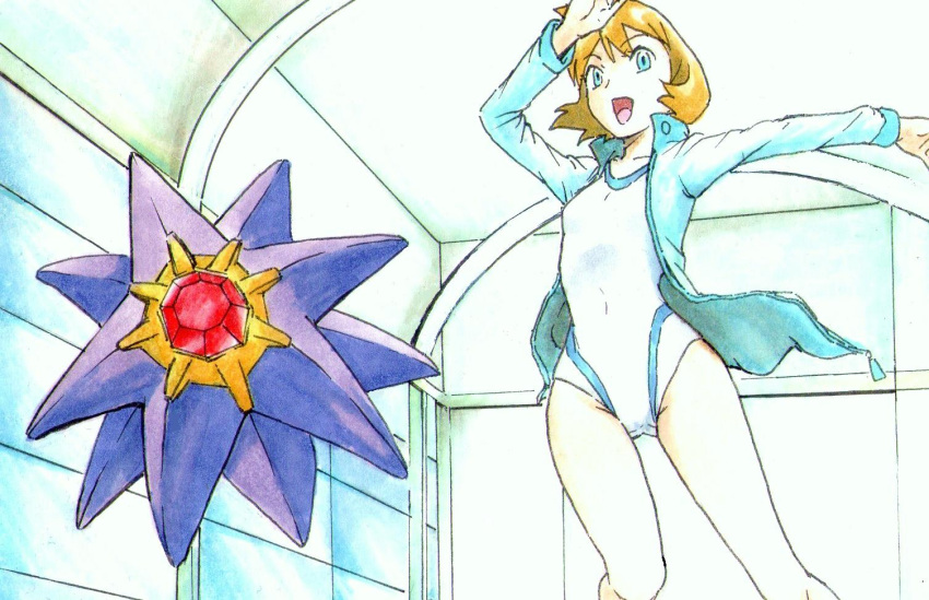 00s 1girl blue_eyes breasts competition_swimsuit female gym_leader jacket kasumi_(pokemon) nintendo one-piece_swimsuit open_mouth orange_hair pokemon pokemon_(creature) pokemon_(game) pokemon_hgss short_hair smile starmie swimsuit thighs track_jacket traditional_media