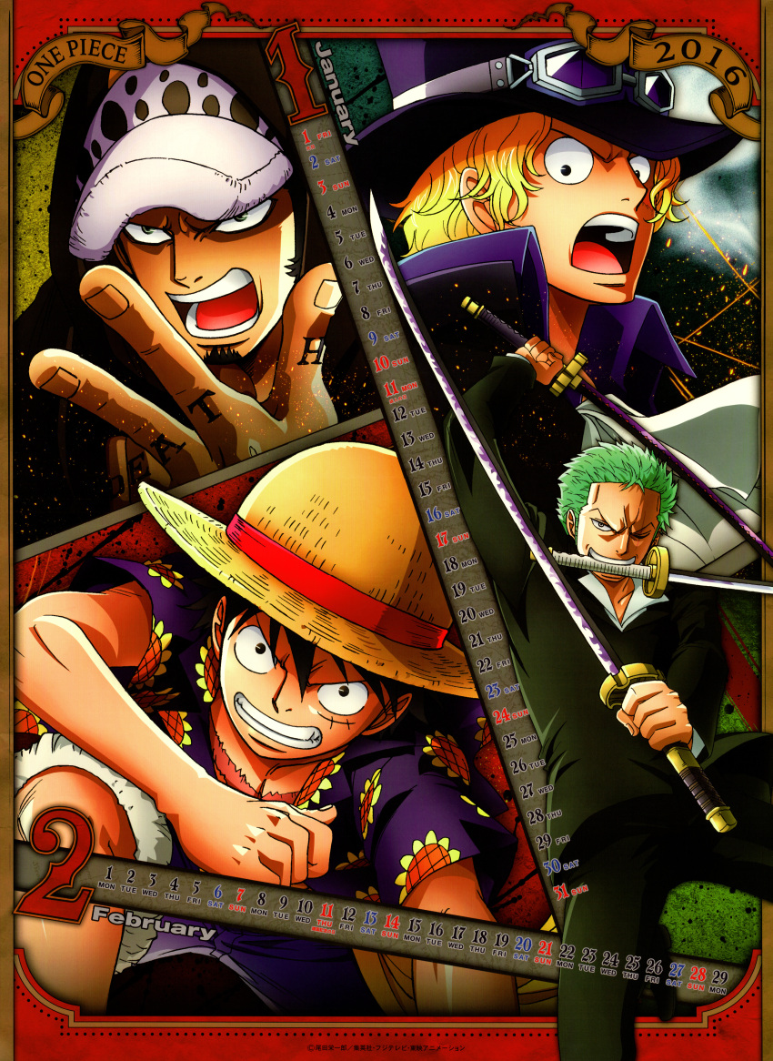 4boys black_eyes black_hair blonde_hair calendar cap clenched_teeth eyebrows fingernails fingers forehead green_hair hat looking_at_viewer monkey_d_luffy multiple_boys one-eyed one_eye_closed one_piece open_mouth roronoa_zoro sabo_(one_piece) straw_hat sword teeth trafalgar_law weapon